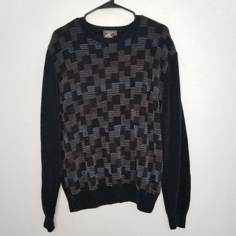 Dockers Vintage 90's Sweater Multicolor Crew Neck Black Tan Men's Large
